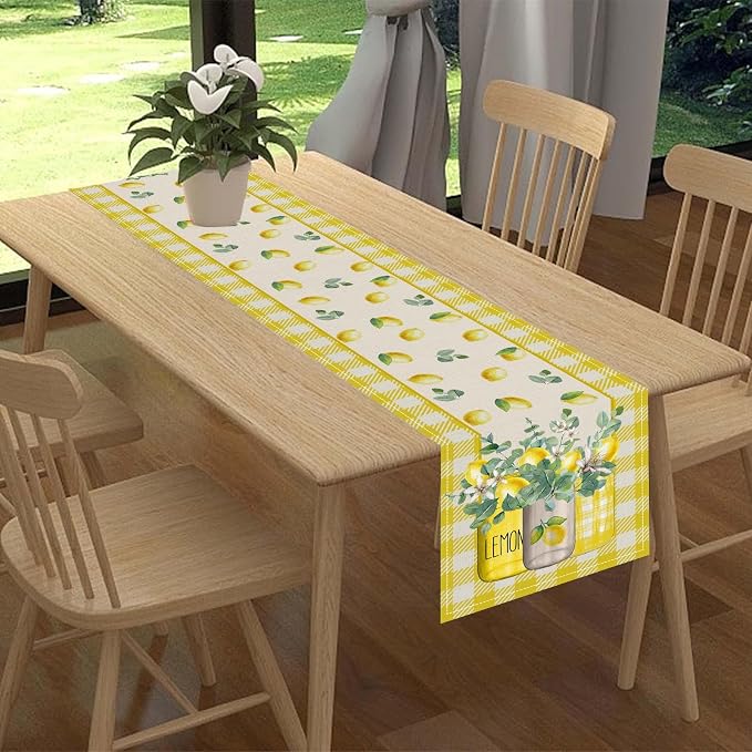 Lemon Table Runner, Farmhouse Yellow Buffalo Plaid Seasonal Summer Spring - Image 2