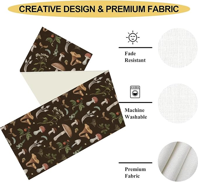Mushroom Table Runner, Rustic Farmhouse Forest Plants Botanical Wild Floral - Image 4