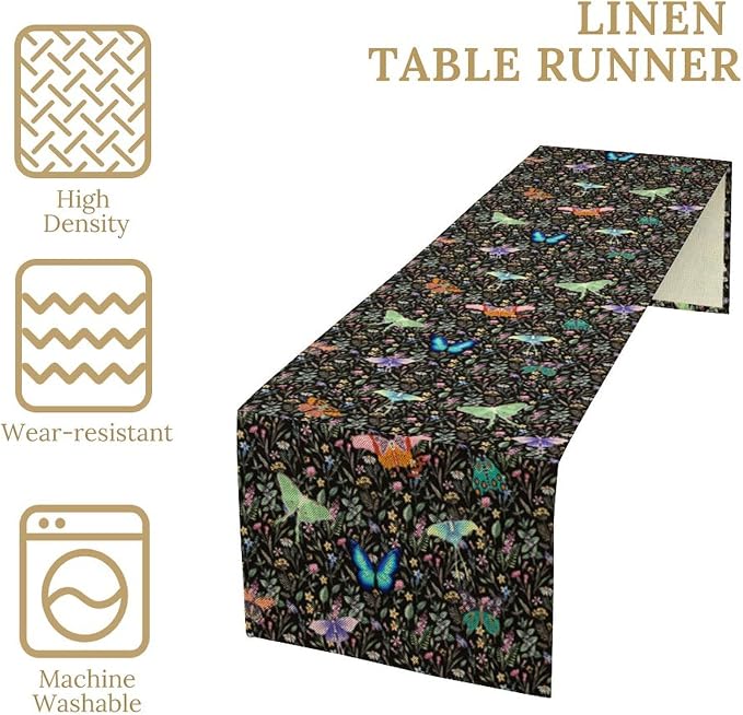Boho Wildflower Moth Table Runner, Bohemian Floral Colorful Butterfly Print - Image 5