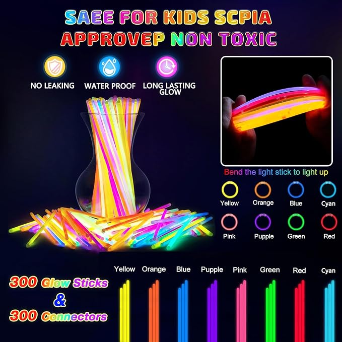 300 Pcs Glow Sticks Bulk Party Pack, Glow in the Dark Light Up Sticks - Image 5