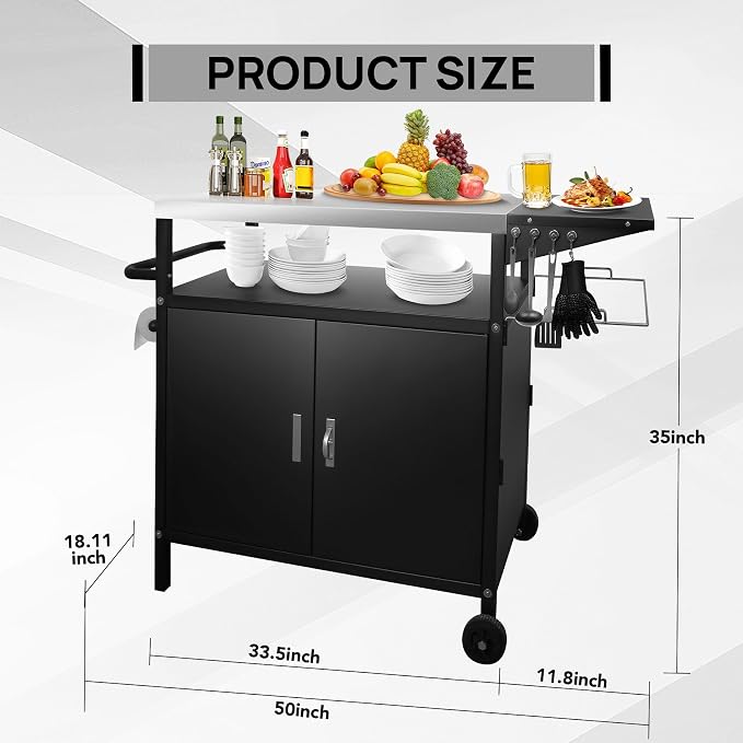 35" H Outdoor Grill Cart- Outdoor BBQ Prep Table, Lockable Wheels & Magnetic - Image 2