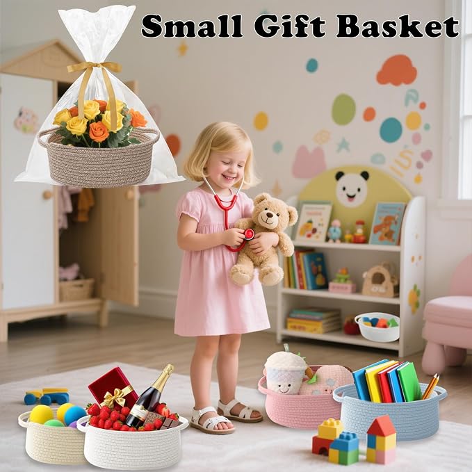 Gift Basket with Gift Bag and Ribbons, Small Rope Woven Shelf Storage, Baskets - Image 4