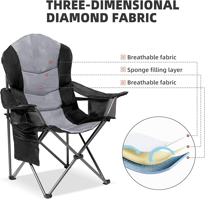 Folding Camping Chairs 2-Pack, Black and Gray, 400 lb Capacity