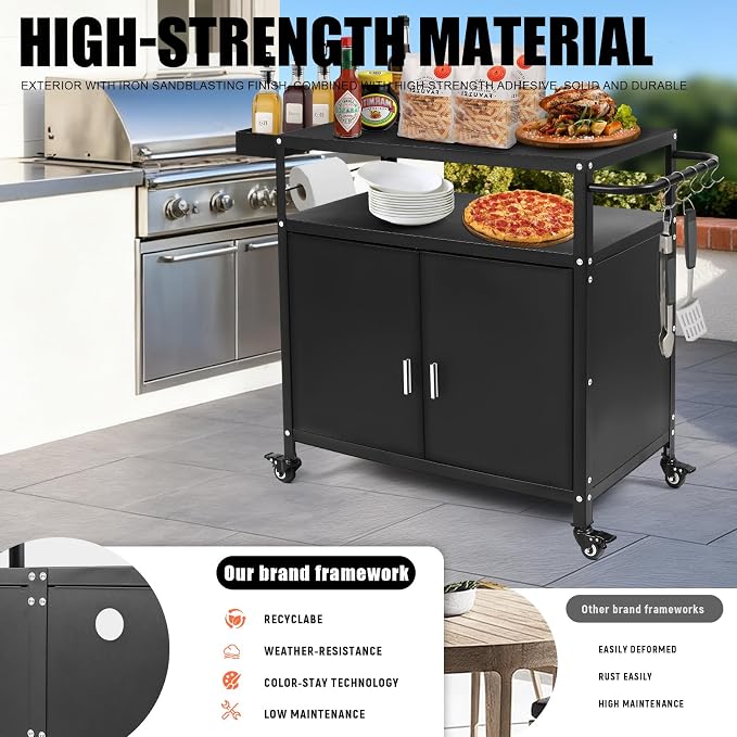 Grill Cart with Storage, Outdoor Bar Cart Rolling BBQ Cart Movable Pizza Oven - Image 5