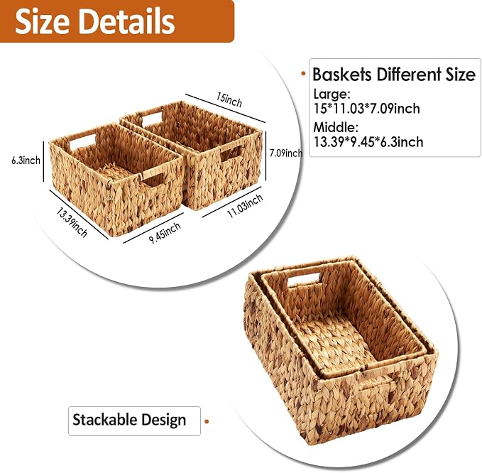 Wicker Baskets 2 Pack, Water Hyacinth Wicker Storage Basket - Image 2