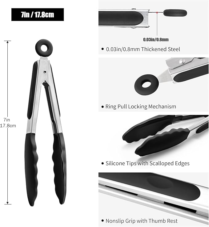 Kitchen Tongs with Silicone Tips, Locking Design, 600°F Heat Resistant