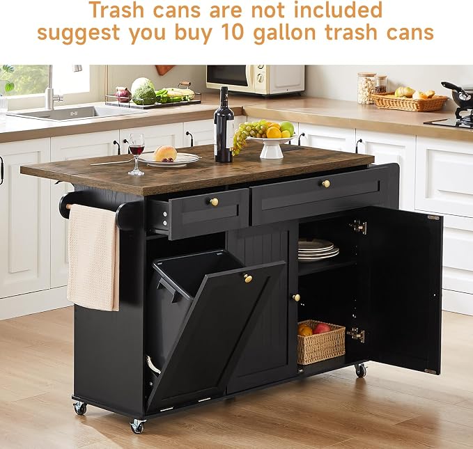 60" Kitchen Island with Power Outlet & Drop Leaf, Kitchen Rolling Island with - Image 6