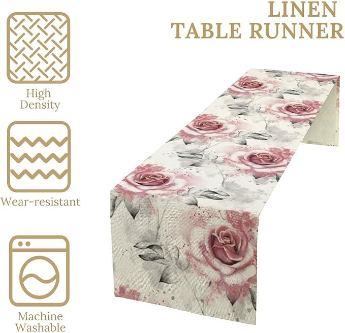 Pink Rose Floral Table Runner, Abstract Watercolor Flower Pattern Modern - Image 5
