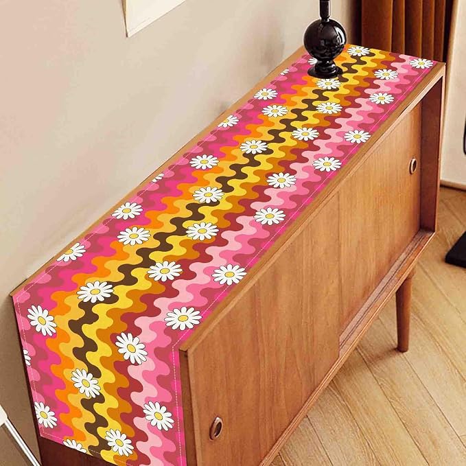 70s Table Runner, Retro Groovy Hippie Daisy Floral Pink Yellow Wave Funky - Image 3