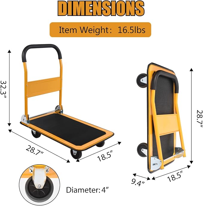 LEADALLWAY Foldable Push Cart Platform Cart 330lbs Capacity 4 Wheels - Image 4