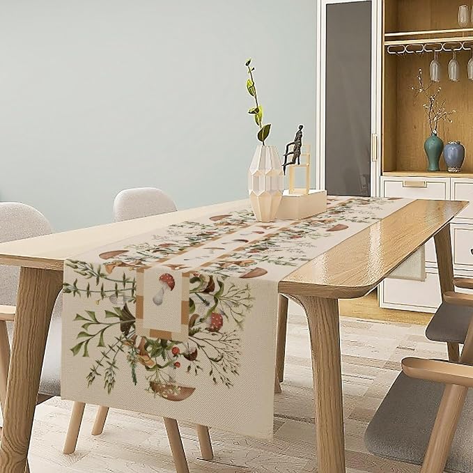 Wild Mushroom Table Runner, Retro Floral Plants Botanical Print Table Cover - Image 2