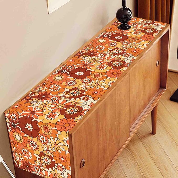 Orange Floral Table Runner, Retro Groovy 70s Hippie Floral Funky Cute Flower - Image 3