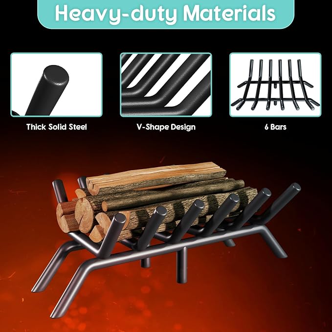 17-Inch Fireplace Grate, Heavy Duty 6-Bar Log Rack Holder Made of Solid Round - Image 5