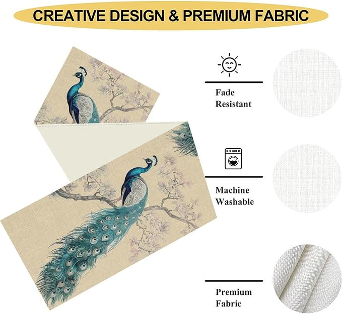 Peacock Table Runner, Retro Rustic Traditional Chinese Style Blossom Branch - Image 5