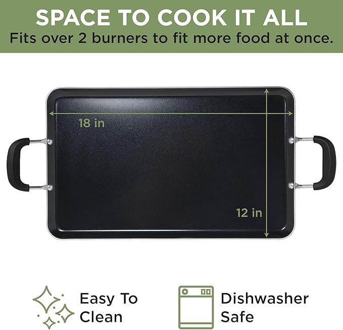 Griddle Pan, Black Nonstick Aluminum, 18 x 12 Inch Cooking Surface