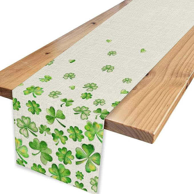 St.Patrick's Day Table Runner, Rustic Green Clover Seasonal Leaves White Green - Image 6