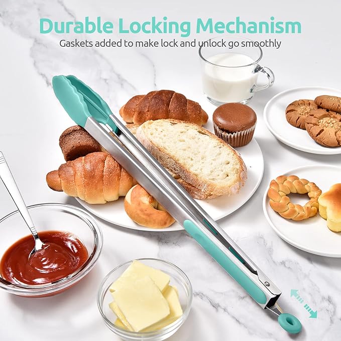 Grilling Tongs 16-Inch with Silicone Tips, Aqua Sky Locking