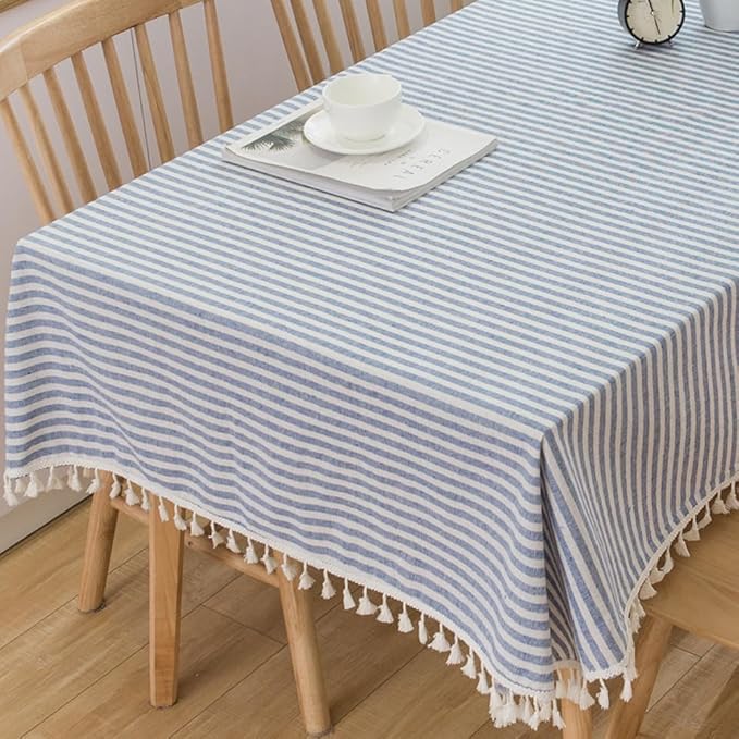 TruDelve Cotton Square Table Cloth Blue Striped Boho Cloth Tablecloths Summer by TruDelve