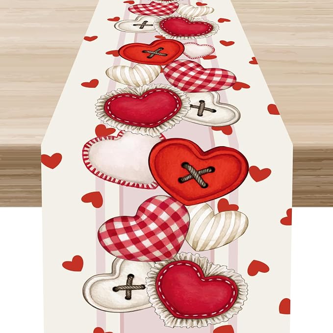 Valentines Day Table Runner, Rustic Red Heart Buttons Runner by Unknown
