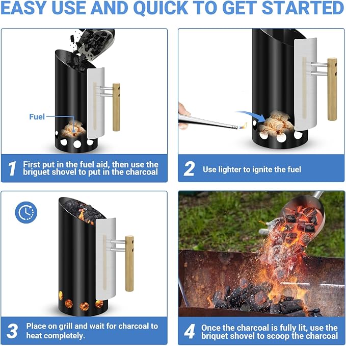 Charcoal Chimney Starter with 11" Briquet Shovel Set, Double Enameled Large - Image 8