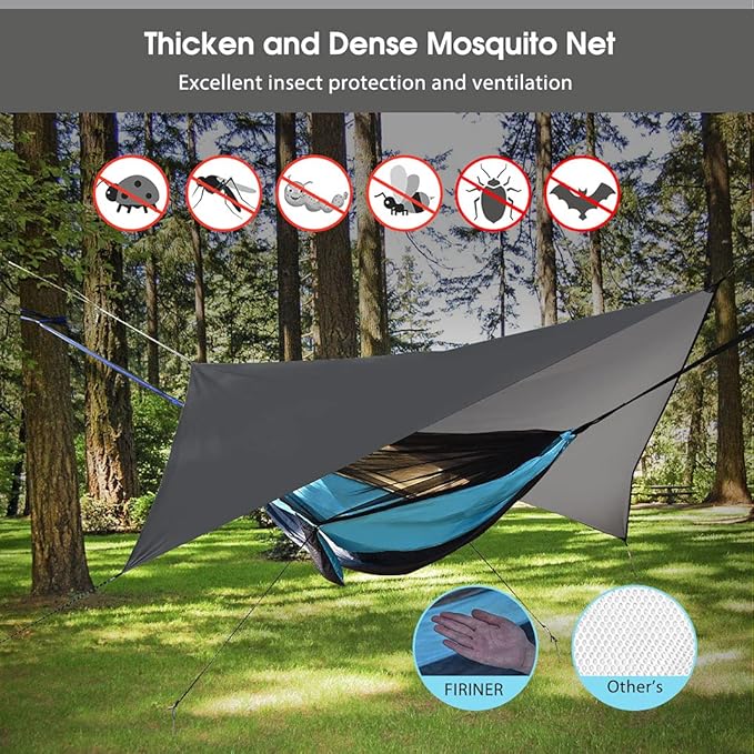 Camping Hammock with Attached Mosquito Netting and Rain Fly, Blue