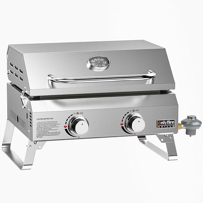 Tabletop Gas Griddle with Lid & Foldable Legs, 2-Burner BBQ Propane Flat Top by ONLYFIREGRILLS