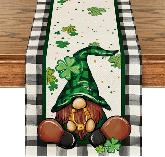 Artoid Mode Buffalo Plaid Shamrock Gnome St. Patrick's Day Table Runner by ArtoidMode