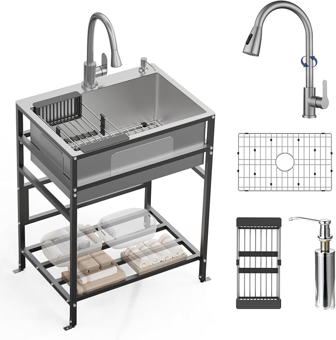 Utility Sink, 25x18 Inch Stainless Steel Freestanding Laundry Sink Practicality by FAUENPEEY