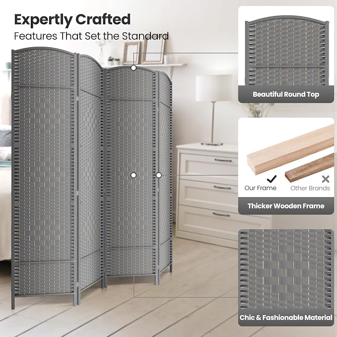Paper Rope Room Divider, 4 Panel Wood Mesh Woven Design Screen - Image 2