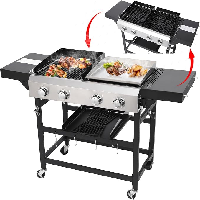 2 in 1 Propane Griddle Grill Combo 38200 BTU, 4-Burner Propane Gas BBQ Grill by LCKJZYL