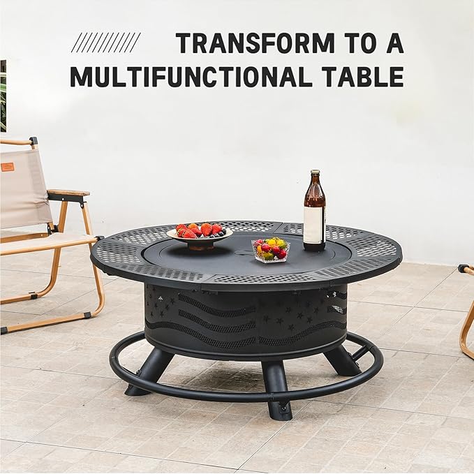 36 Inch Fire Pit with 2 Cooking Grates, Outdoor Wood Burning BBQ Grill Firepit - Image 4