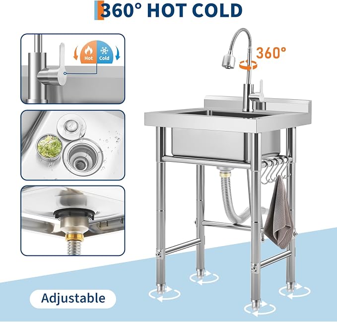 Stainless Steel Utility Sink, Free Standing Single Bowl Kitchen Sink, - Image 5