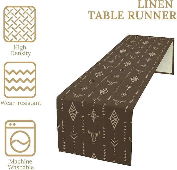 Western Cow Skull Table Runner, Vintage Boho Aztec Cow Ethnic Pattern Printed - Image 6