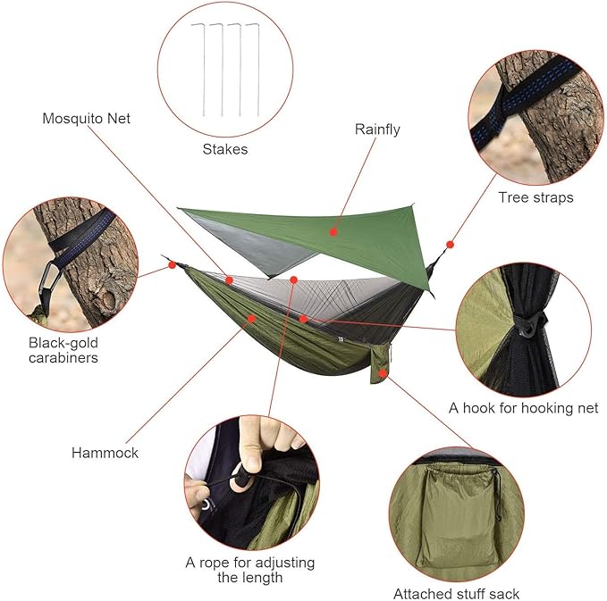Hammock with Built-In Bug Net and Rain Fly, 440 lb Capacity, Green