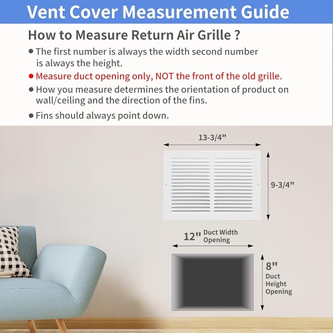 12"W x 8"H Steel Return Air Grille, Air Return Vent Cover - Image 5