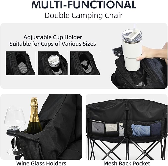 Camping Loveseat Chair for Two, Padded Black Folding Chair