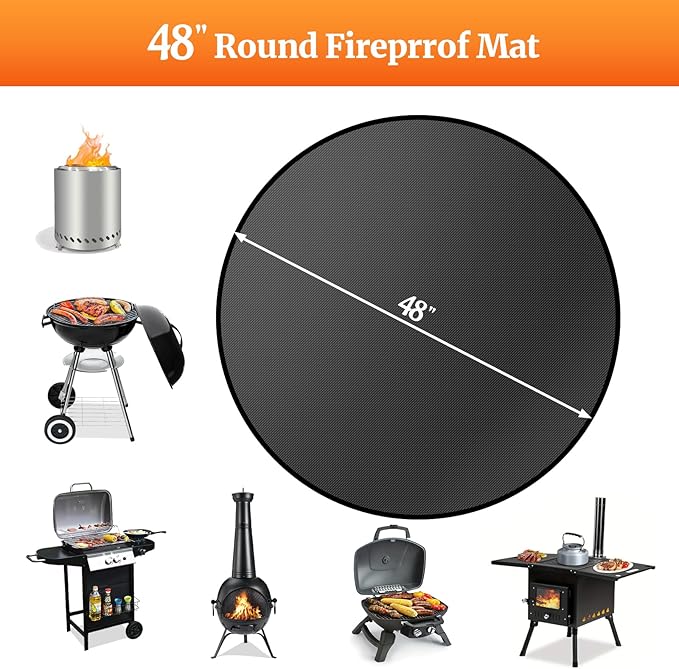 Grill Floor Mat 48 Inch Round Fiberglass Fire Pit Pad with Storage Bag