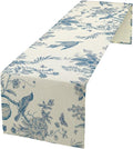 Spring Flower Table Runner, Farmhouse Vintage Blue White Floral Bird Print by JanJCurt