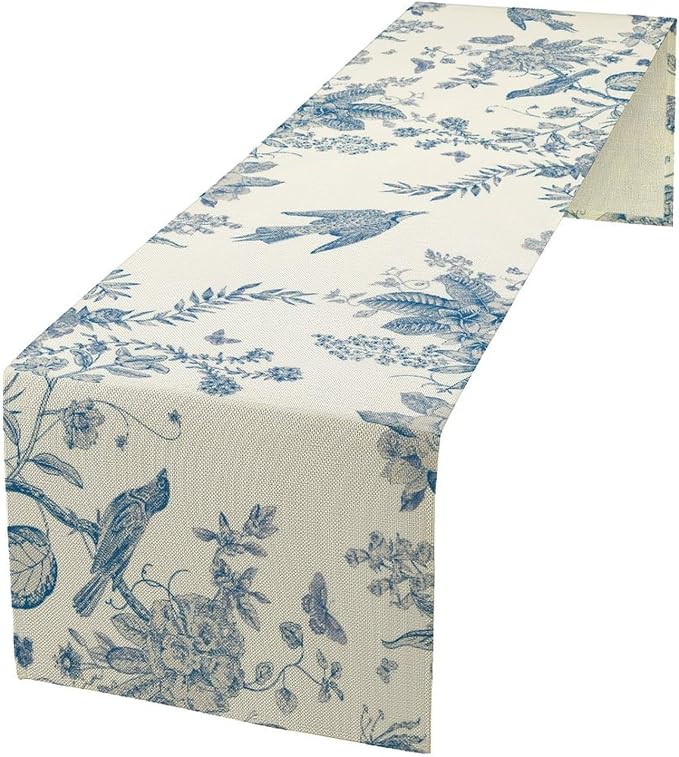Spring Flower Table Runner, Farmhouse Vintage Blue White Floral Bird Print by JanJCurt