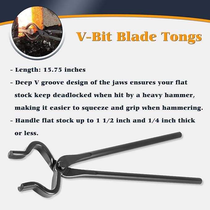 Tongs Set, 5-Piece Black Steel with V-Bit and Wolf Jaw