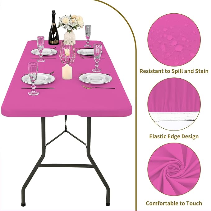 10 Pack Fitted Tablecloth for 8 Foot Rectangle Tables, Hot Pink Elastic Outdoor - Image 3