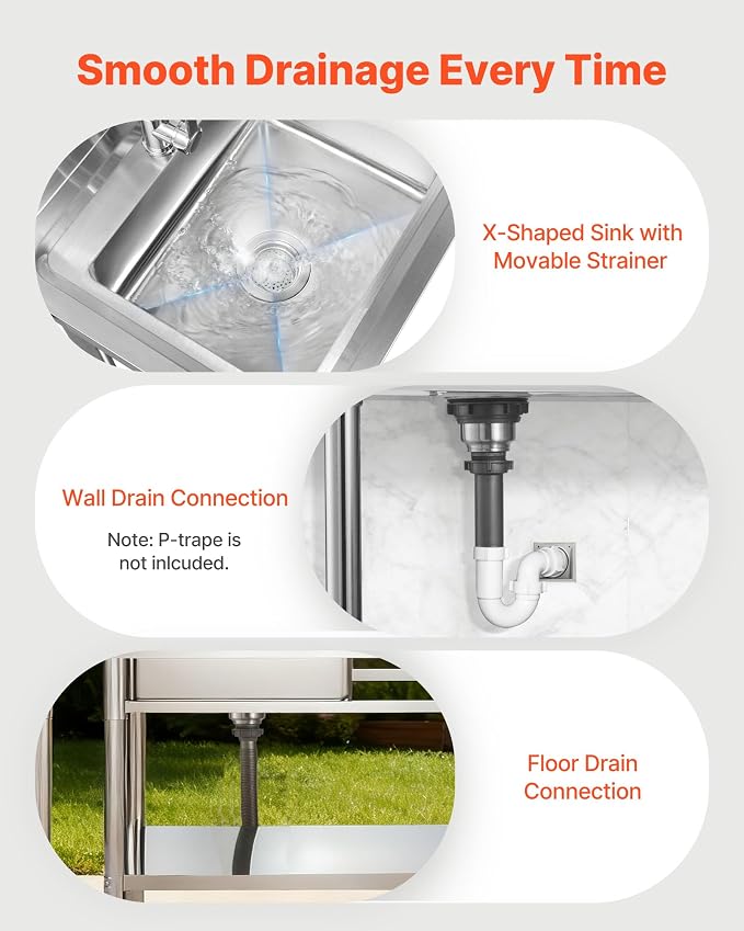 VEVOR Stainless Steel Utility Sink, Free Standing Single Bowl Commercial - Image 5