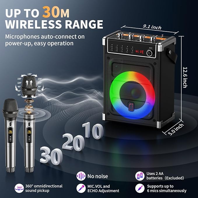 JYX Karaoke Machine with 2 Wireless Microphones, Portable Bass/Treble Bluetooth - Image 5