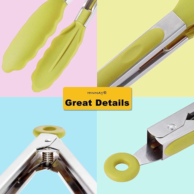 Tongs, 9-Inch Food-Grade Silicone and Stainless Steel BBQ Tongs, 3-Pack, Yellow