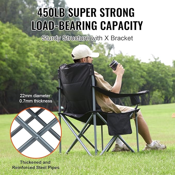 Camping Chair - Black, 450 lb Capacity, 600D Oxford Fabric