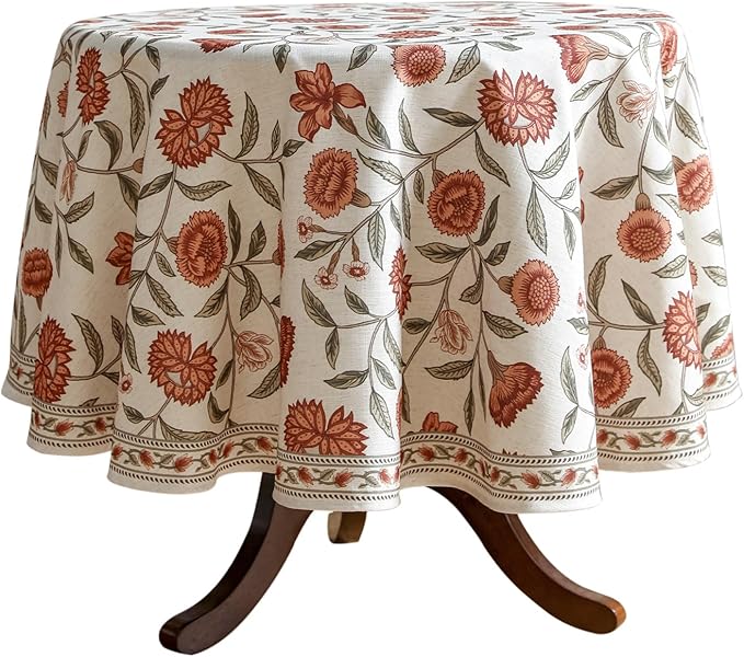 ISAENNE Designer French Round Tablecloth, Linen Orange Floral Pattern Indoor by Isaennehomedecoration