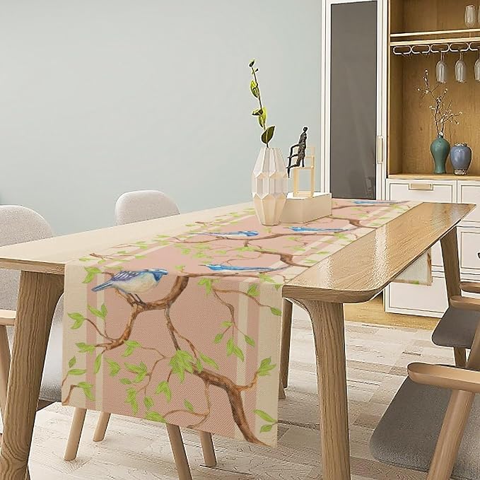 Watercolor Birds Table Runner, Spring Blue Bird Green Tree Table Runner - Image 3