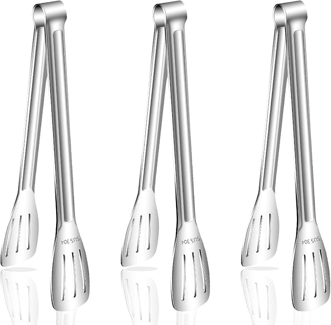 Tongs Set of 3 Stainless Steel with Non-Slip Handles in Silver
