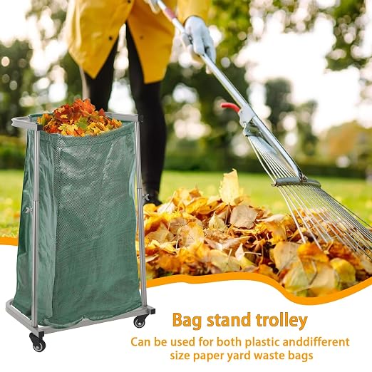 4-Wheel Trash Bag Holder, Outdoor Metal Leaf Bag Holder Stand, Garbage Bag - Image 5