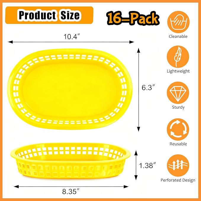 Fast Food Baskets 16-Pack, 10 x 6 Inch Plastic Oval Serving Baskets - Image 2